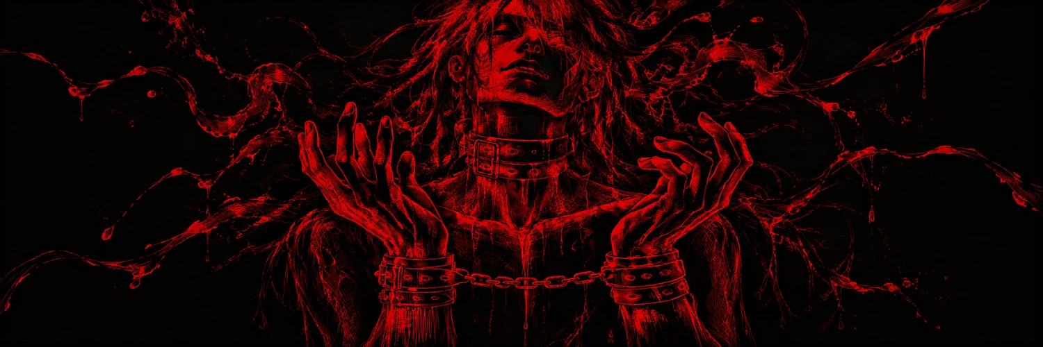 The red-ink character dissolves into a web of hair and crimson threads