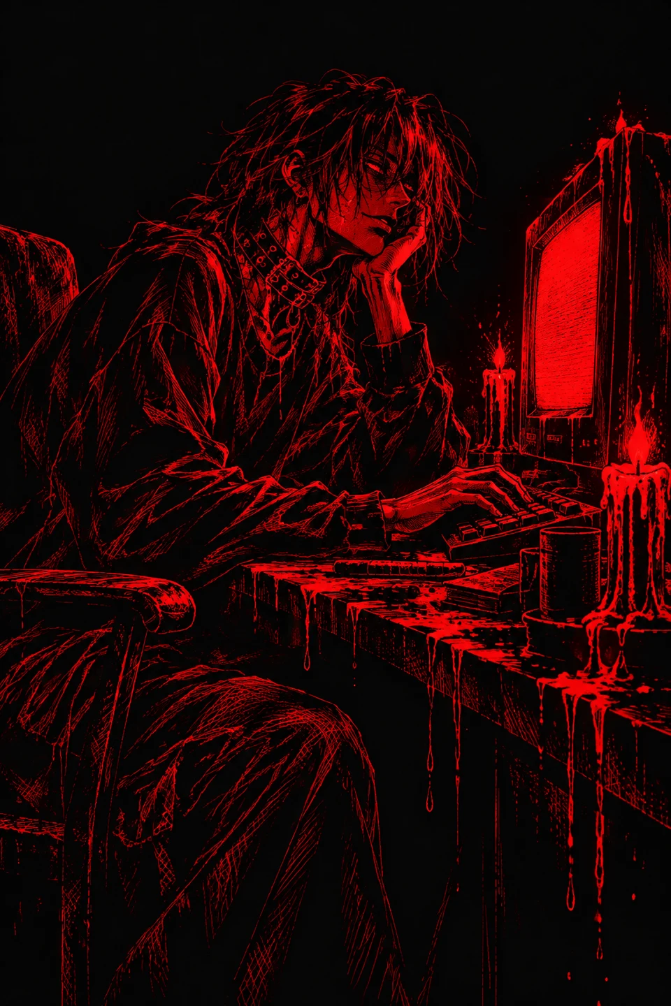 The exhausted character staring at a glowing monitor in a candlelit room