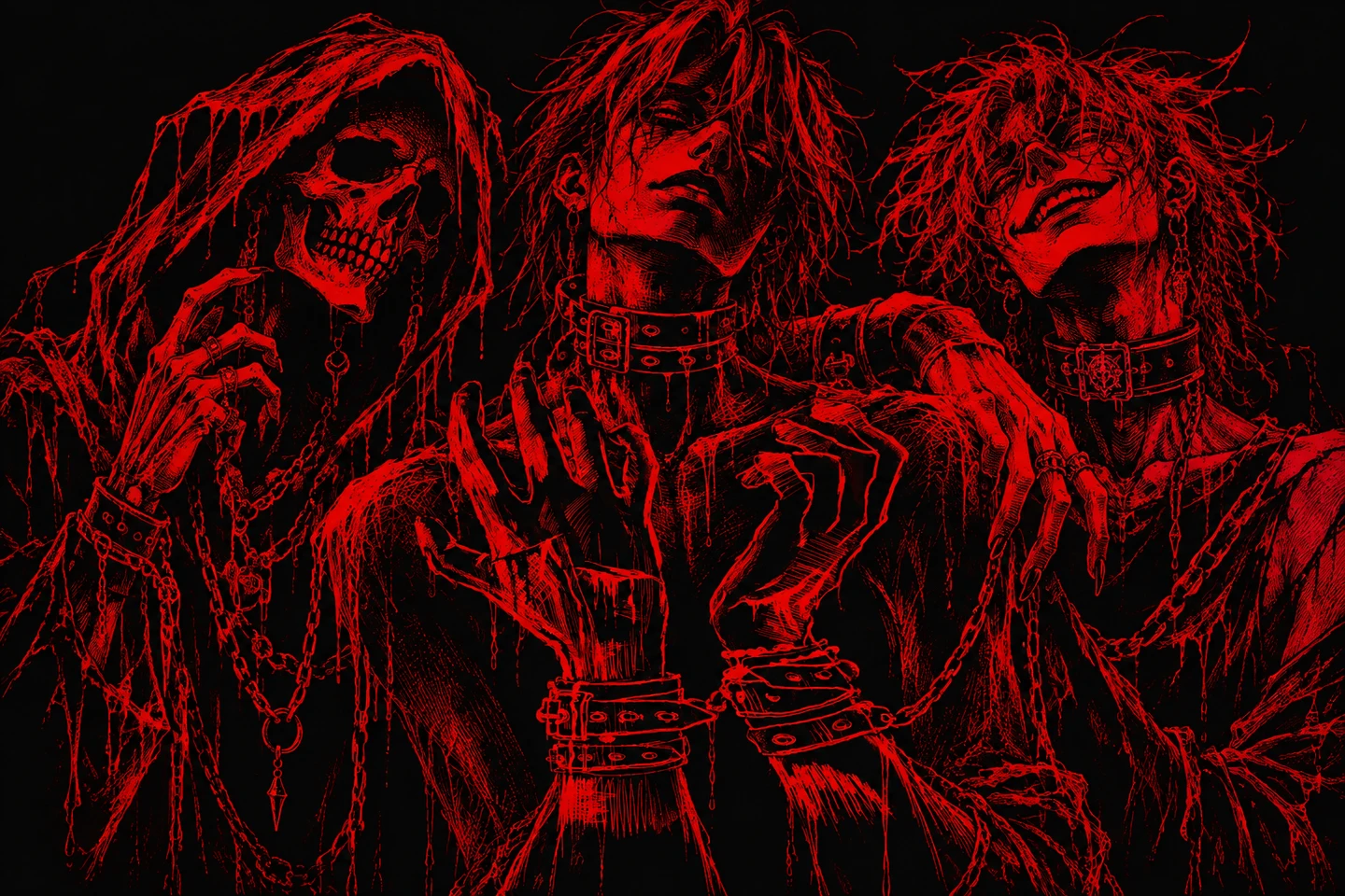 Three strange spectral companions gathered like a gothic band portrait