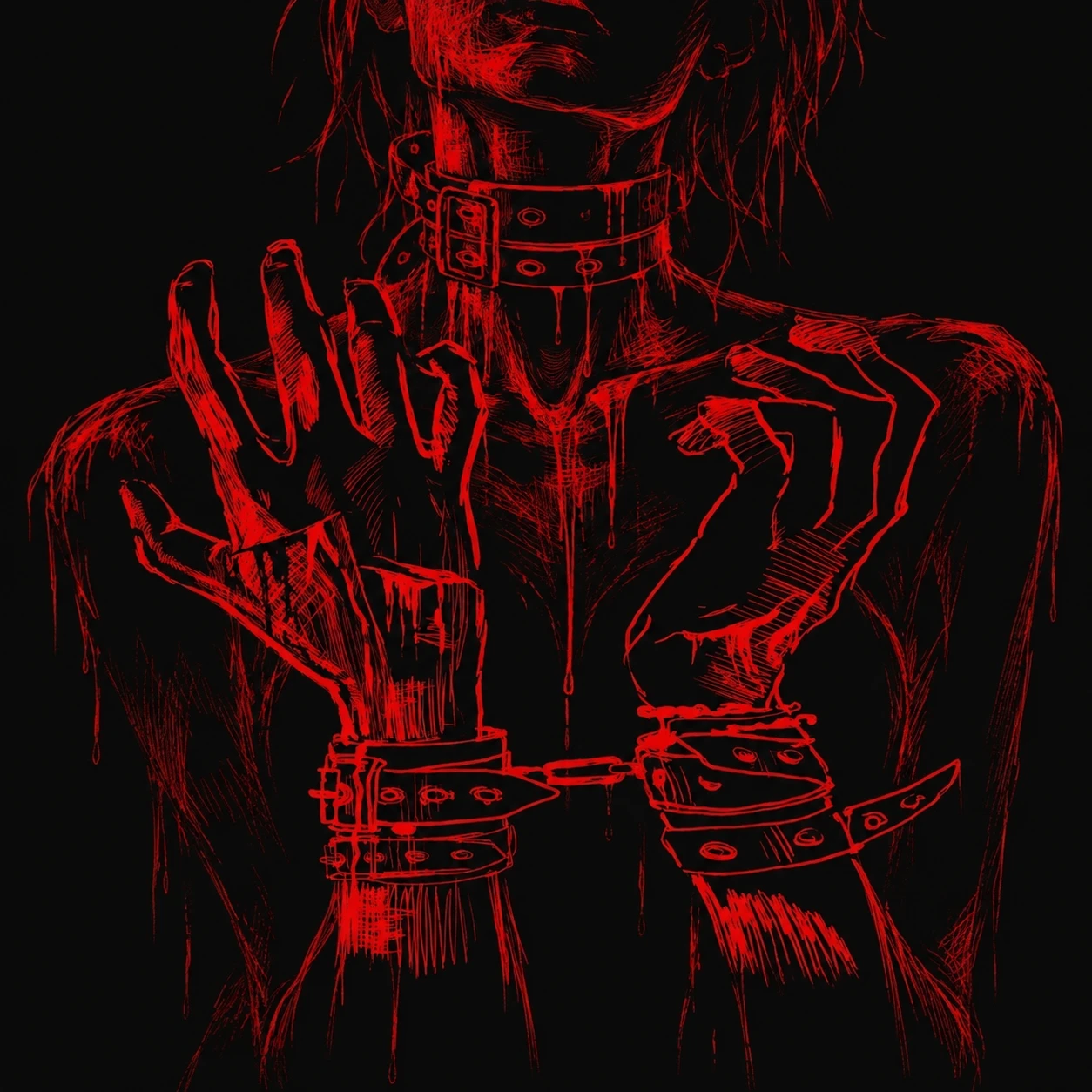 A spectral figure drawn in scratched red ink, with long hair and chained wrist cuffs